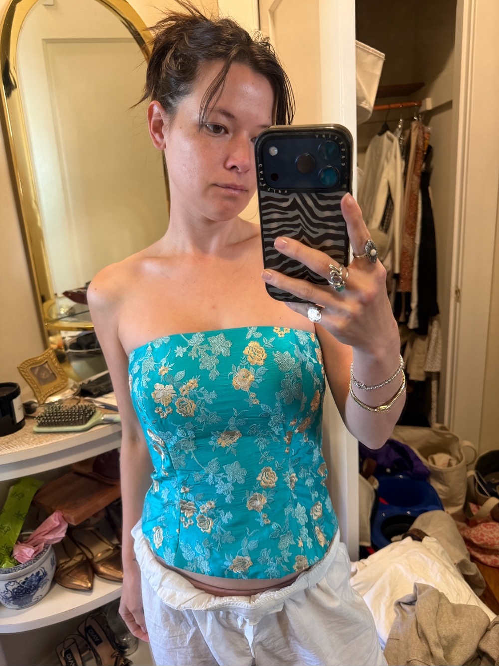 Vintage 100% silk Turquoise Floral Strapless Bustier Top